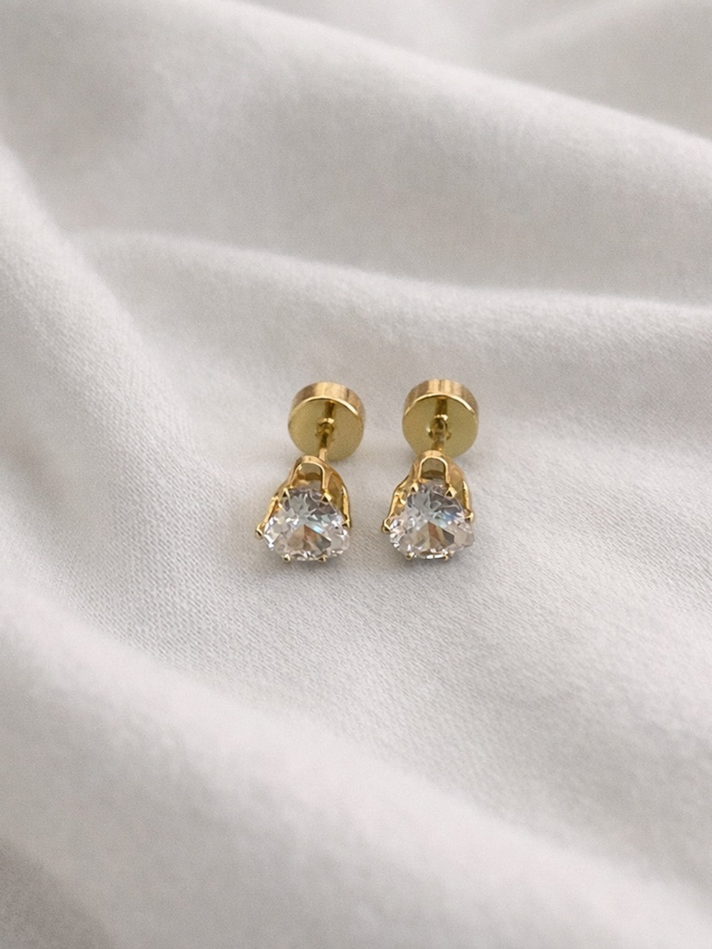 14k Gold plated stainless steel cubic zirconia heart stud screw back earrings - Picture 5 of 5